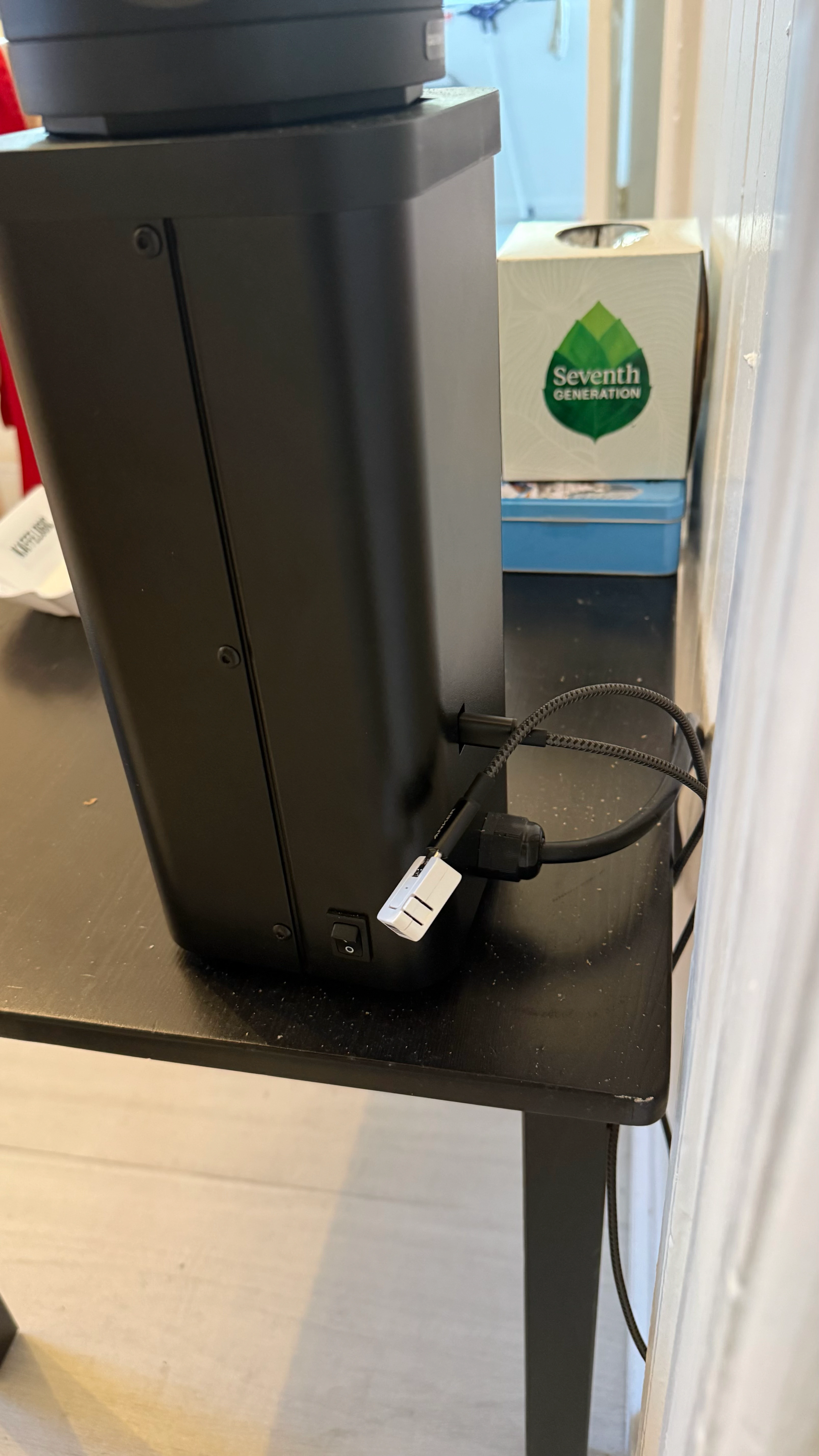 The back of the roaster, showing the USB cable and connected Atom S3 bridge.